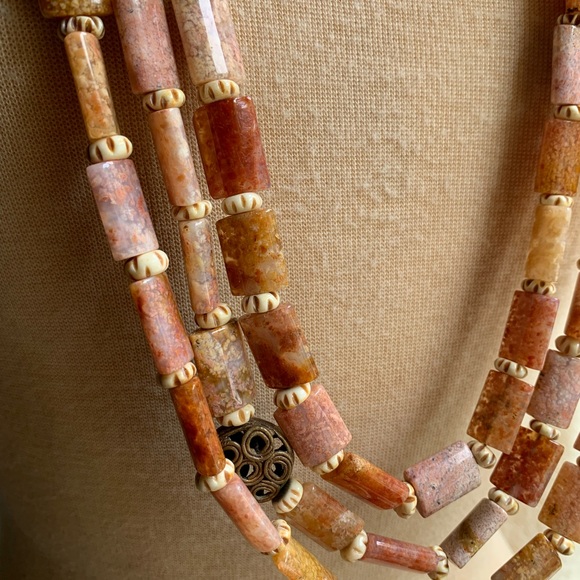 Sweet Olive Boho Multi Strand Bone, Mother of Pearl, Agate & Sunstone Necklace - Picture 2 of 8